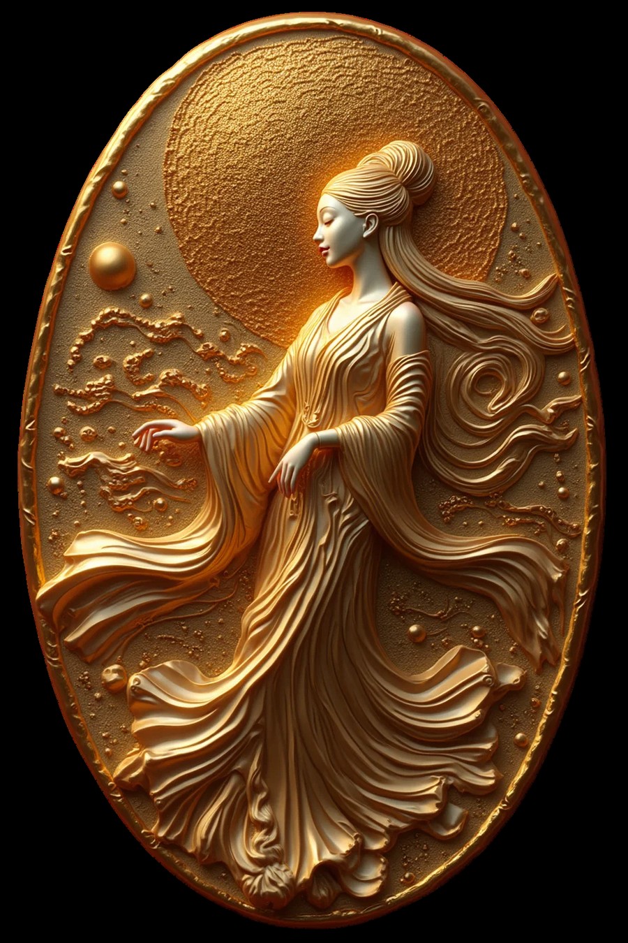 Gold relief sculpture of a robed goddess figure in flowing drapery