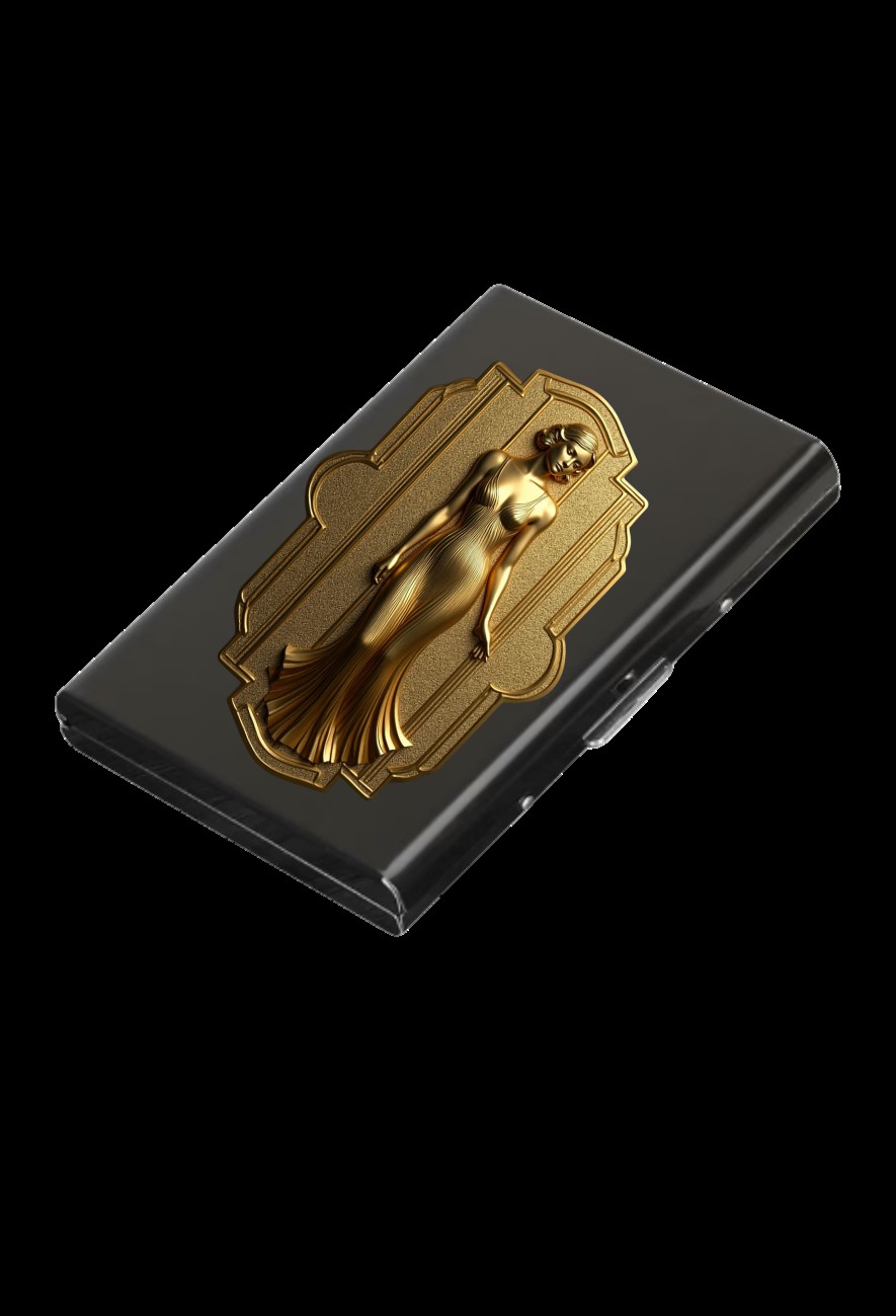 Black metal card case with Art Deco gold relief figure