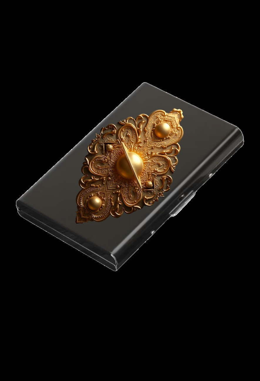 Black metal card case with ornate gold filigree relief