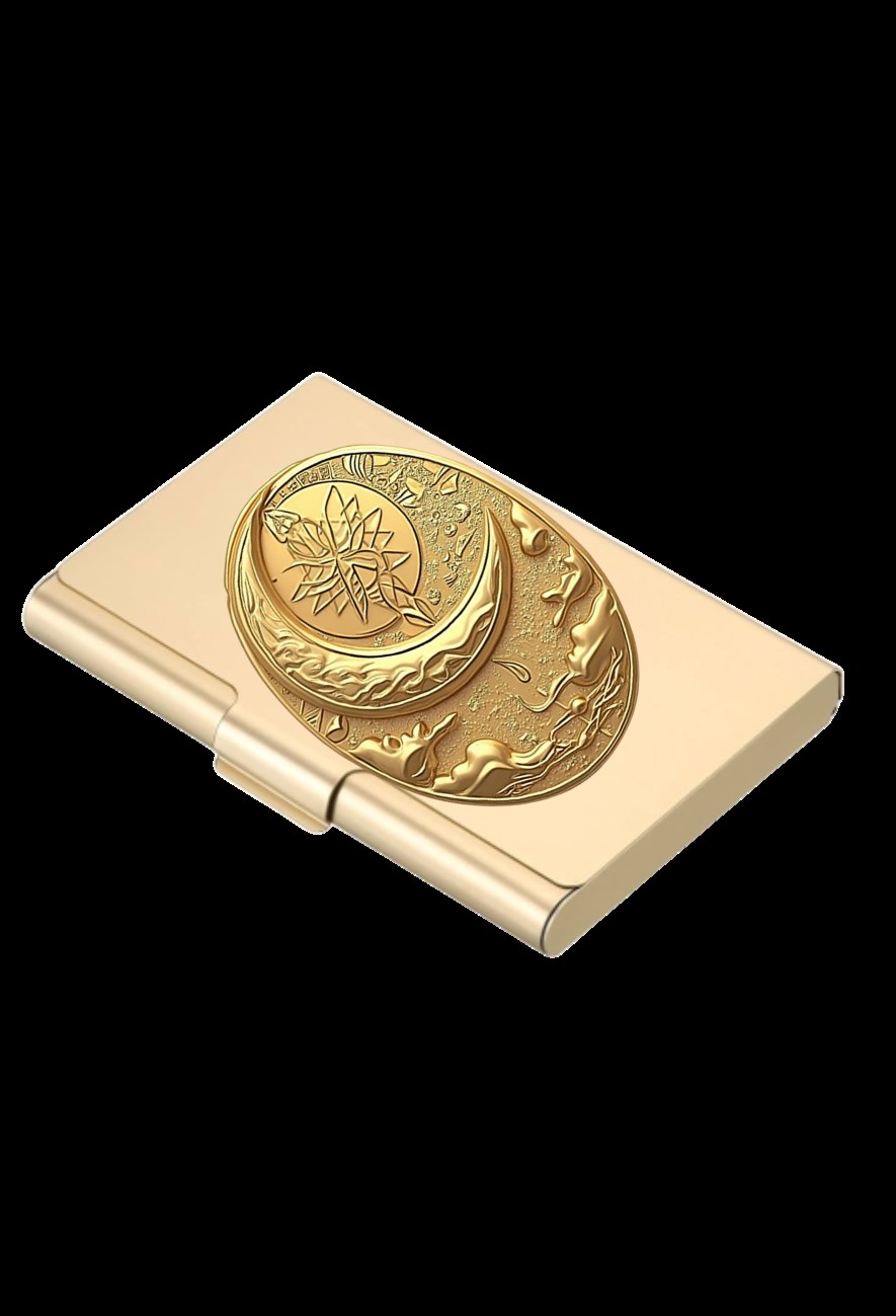 Champagne gold metal card case with lotus and crane relief medallion