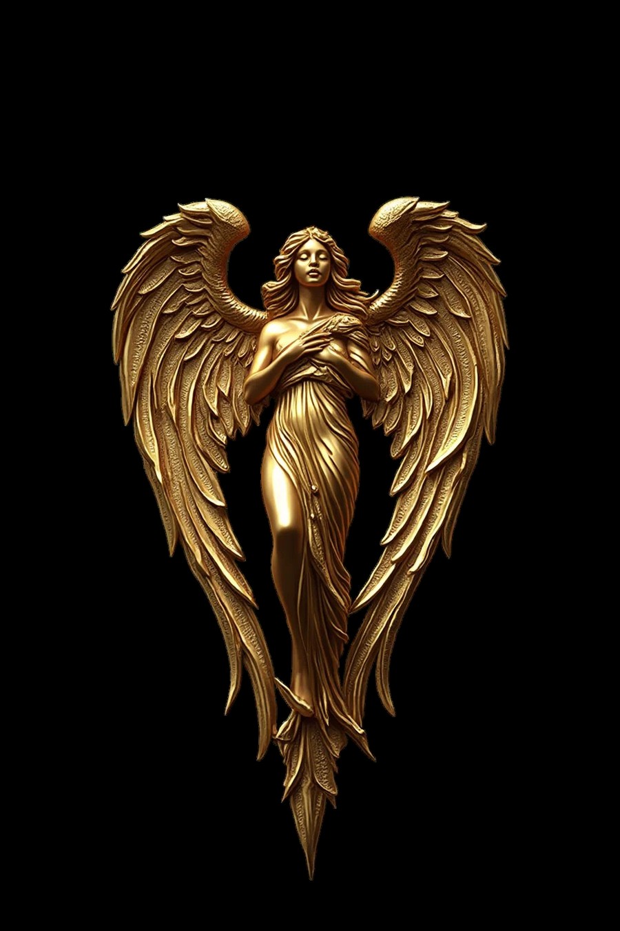 Gold relief sculpture of an angel with outstretched wings forming a heart shape