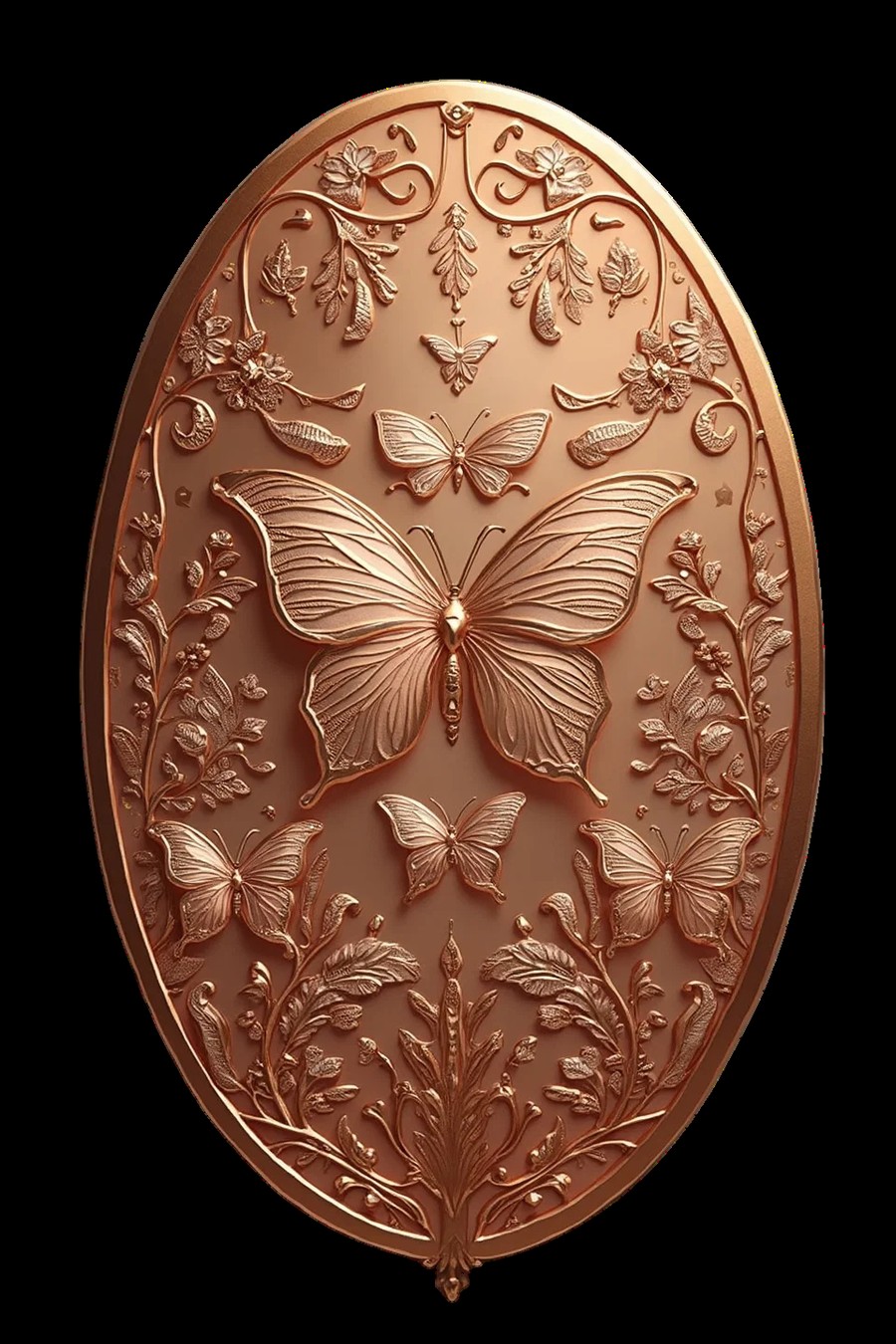 Rose gold oval relief pendant with butterflies and floral vines