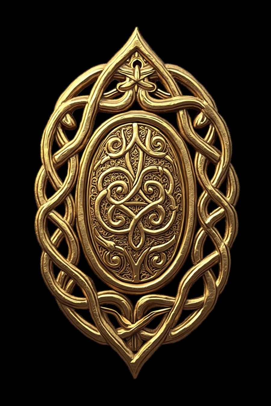 Gold Celtic knotwork pendant with an oval medallion at the center