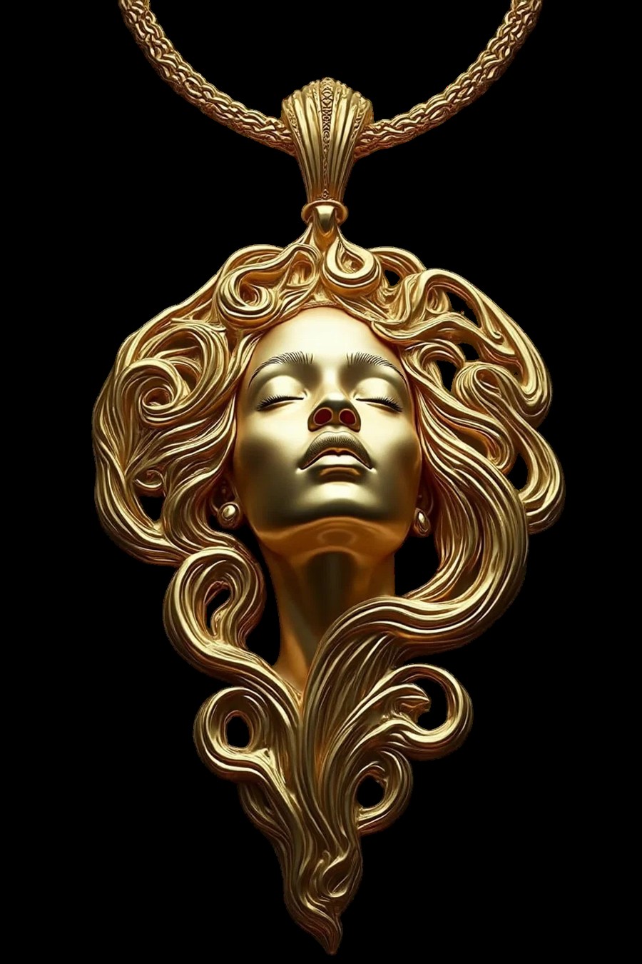 Sculpted relief pendant, gold, Art Nouveau figure with flowing hair