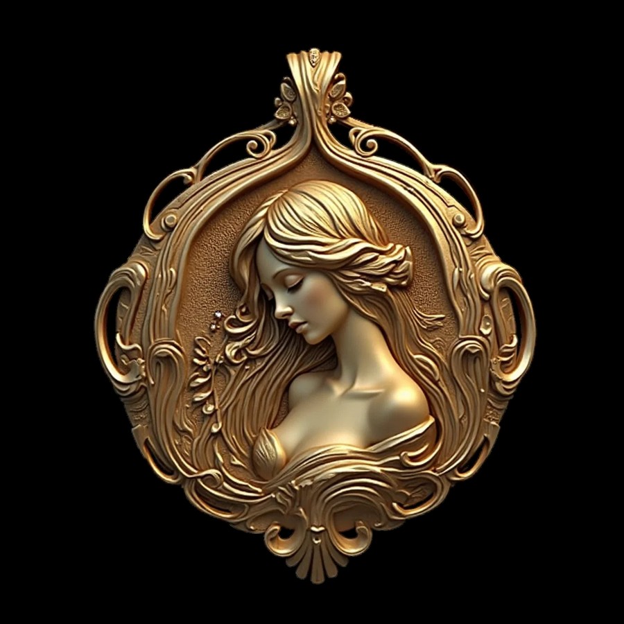 Art Nouveau gold medallion with a woman's profile framed in ornamental scrollwork